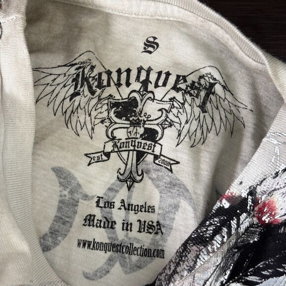 Konquest Shirt Mens Small Skull Metallic Feather Warrior Graphic Tee Tshirt Y2K - Picture 6 of 8